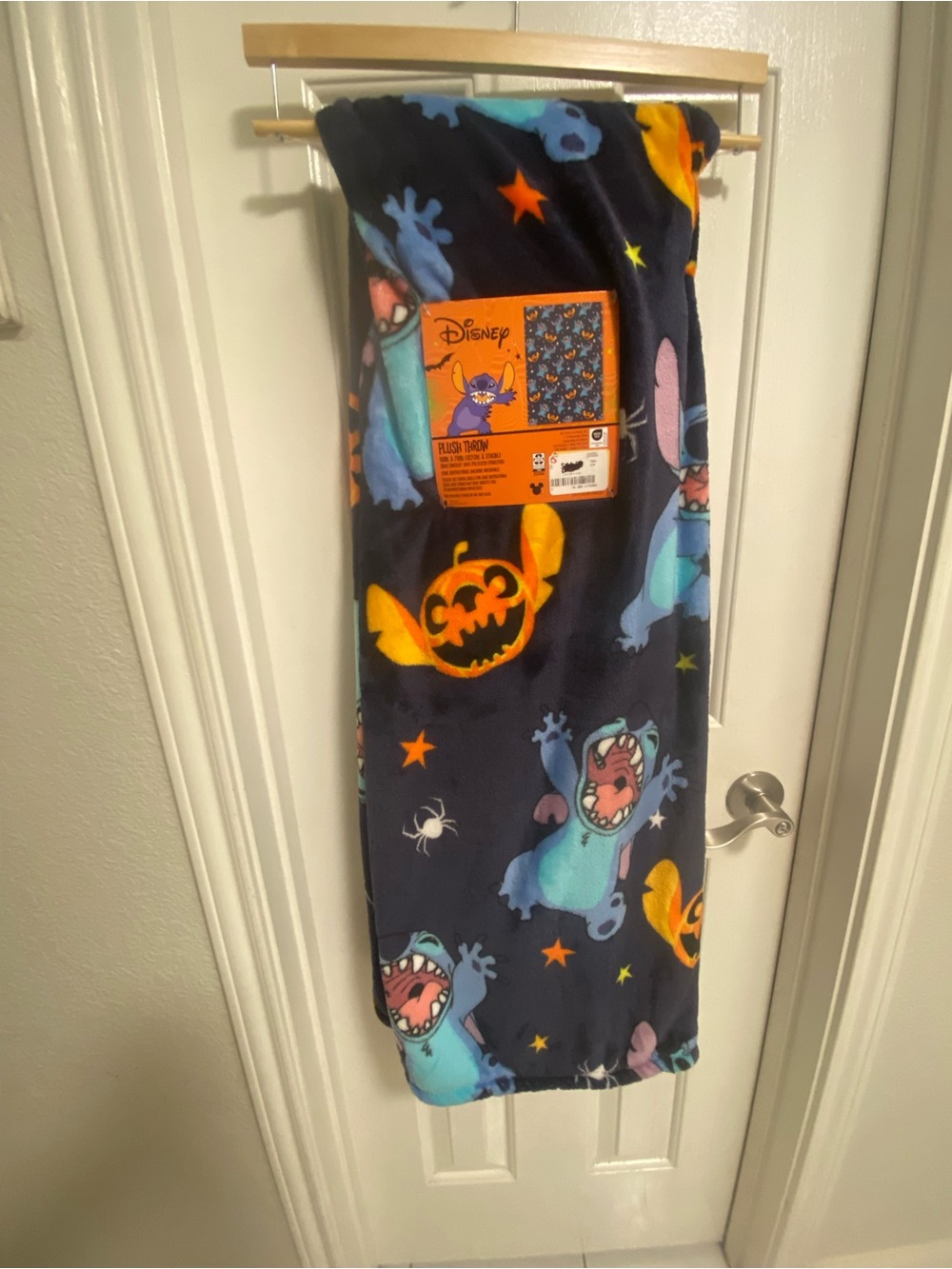 Disney Navy Stitch Halloween Plush Blanket with Orange Pumpkin Accents